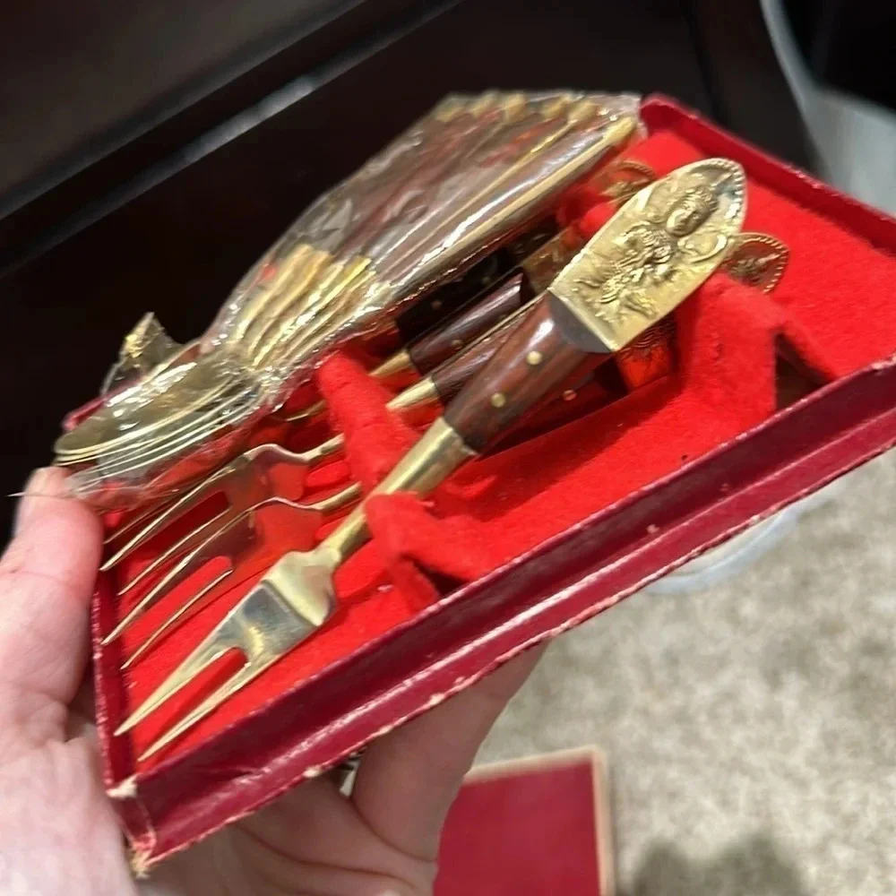 Vintage Mid-Century Thailand Bronze and Rosewood Dessert Set